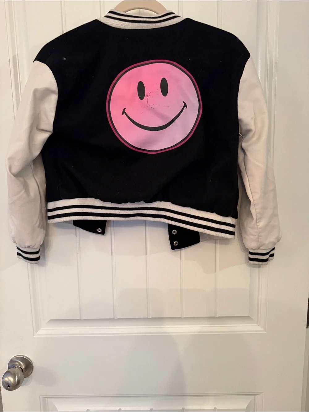 Justice Black and White Girls' Letterman Jacket with Pink Accents
